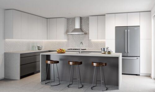 BelVidra Brand Image - Eggshell Colored Modern Kitchen with Stainless Steel Appliances and Bar-Stool Seats