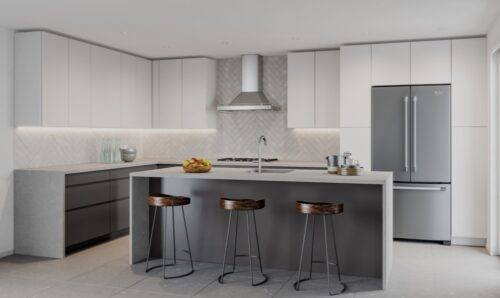 BelVidra Brand Image - Eggshell White Kitchen with Stainless Steel Appliances and Bar-stools